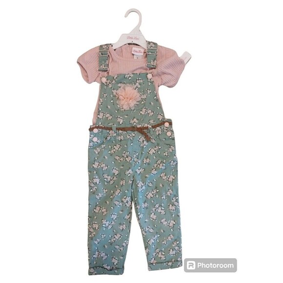 Little Lass Other - Girls overall outfit 3T Green Flowers Little  Lass